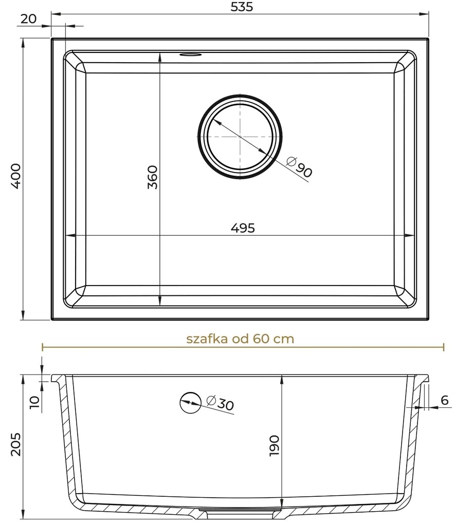 Mosogató minőségi Crypton 60, konyhai gránit mosogató 535x400x205 mm + arany szifon, fekete foltos, SKQ-CRY.B.1KBO.60.XG