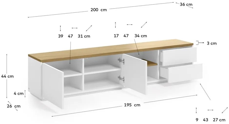 Fehér TV-állvány 200x44 cm Abilen – Kave Home