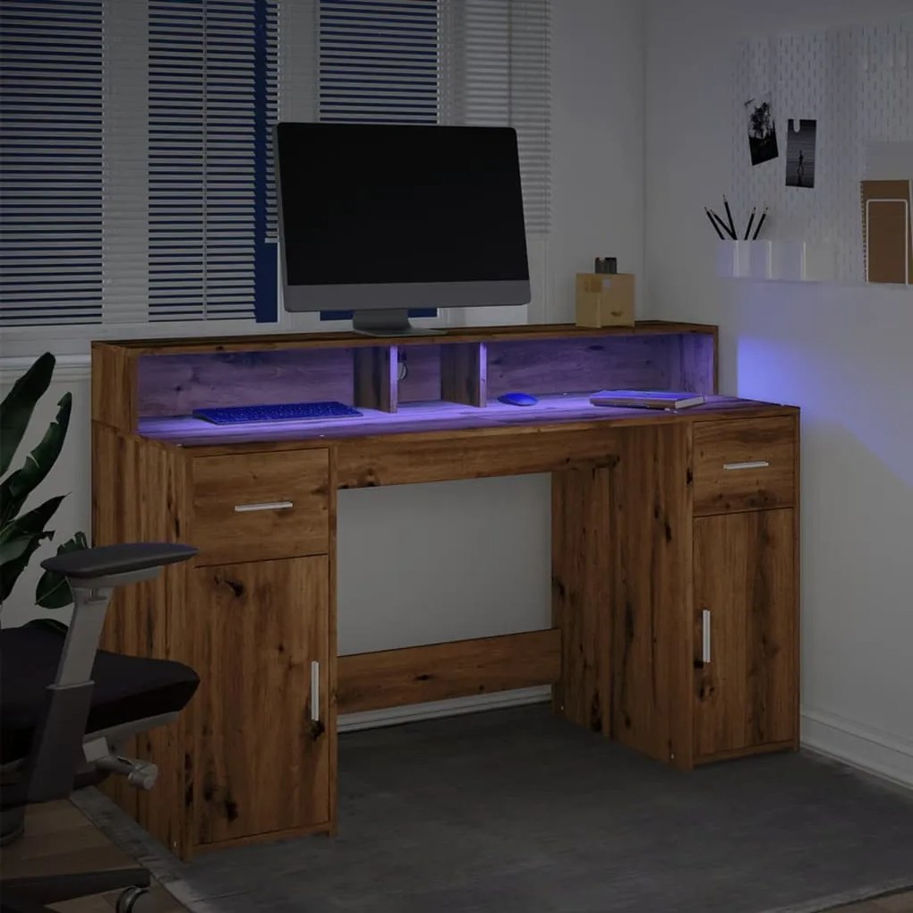 kézműves tölgy színű szerelt fa LED-es íróasztal 140x55x91 cm