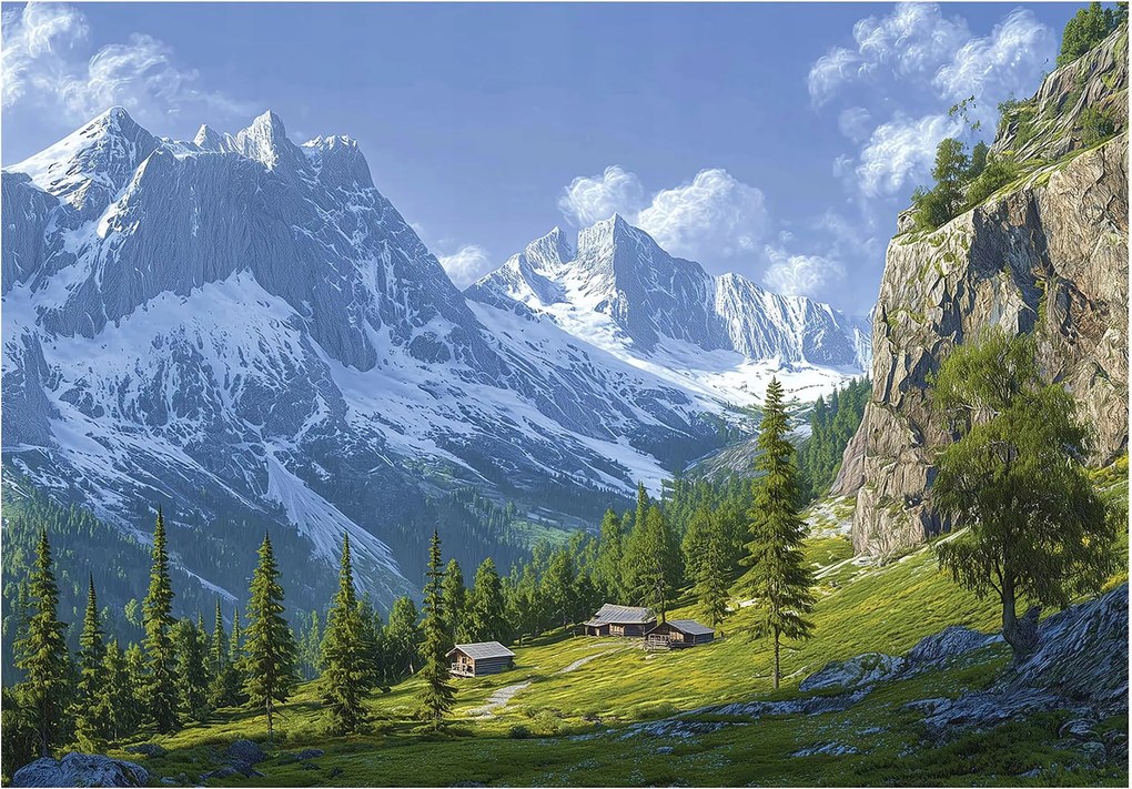 Fotótapéta hegyi táj zöld fehér alpesi házikók 416 x 254