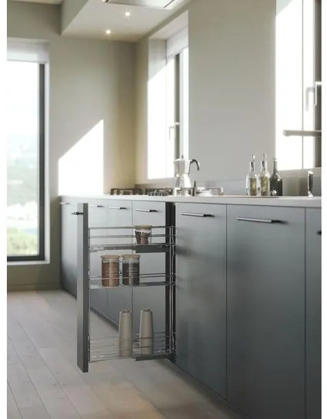 Konyhai fémrács, 200mm, bal oldalra szerelhető, ezüst szürke, teljes kihúzás, csillapított záródás, rejtett fióksín, 3 kosár SIGE, Green Line 002