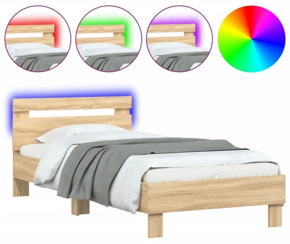 sonoma tölgy színű ágykeret fejtámlával és LED-ekkel 90x200 cm