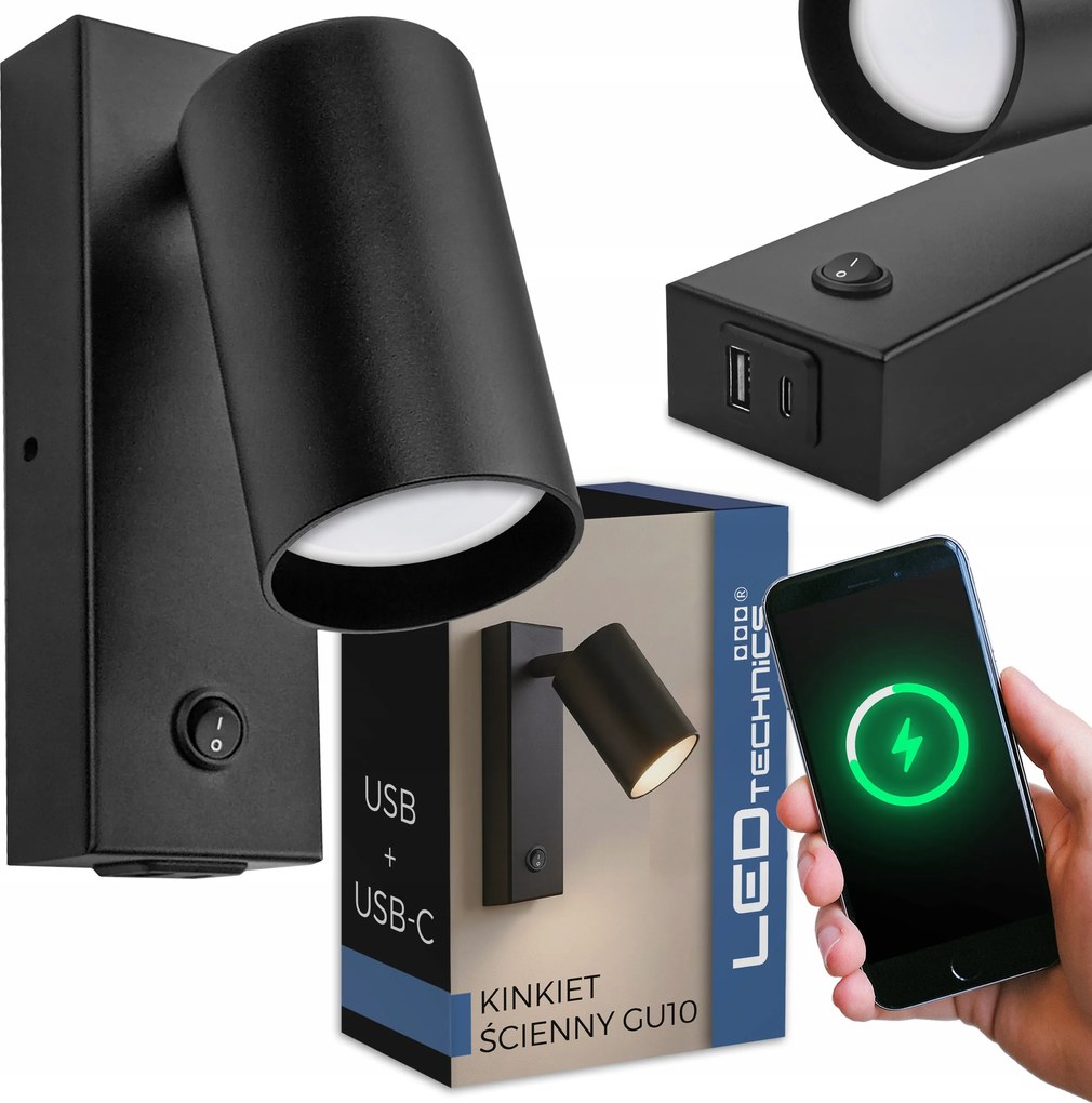 Fali lámpa LED-es éjszakai kapcsolóval az ágy felett Usb Usb-c