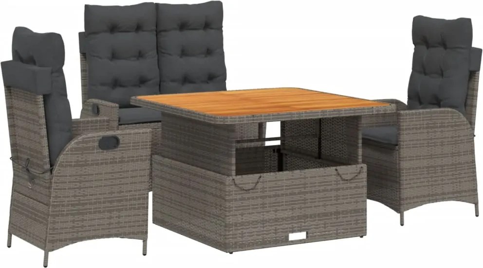 vidaXL 4 részes szürke polyrattan kerti étkezőszett párnával