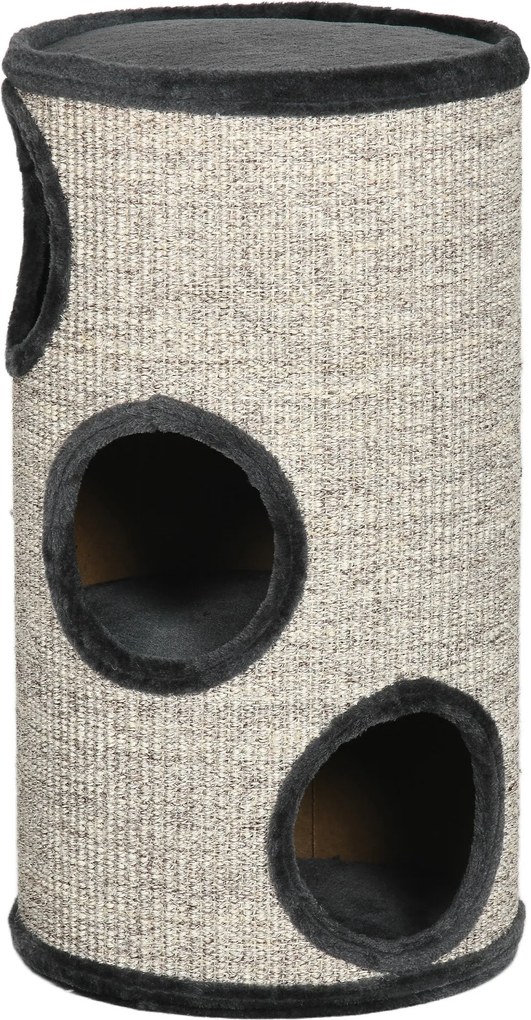 PawHut Kaparó Henger 70 cm Magas Ø 38 cm Háromszintes Macska Henger Plüss Szegéllyel, Macska Barlang, Kaparóoszlop Kicsi Macskák Számára, Világosszürk