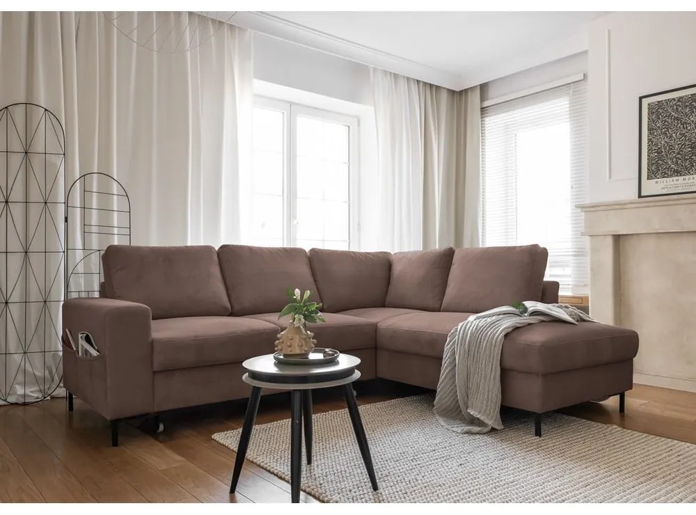 Barna kordbársony kinyitható sarokkanapé (jobb oldali) Lofty Lilly – Miuform