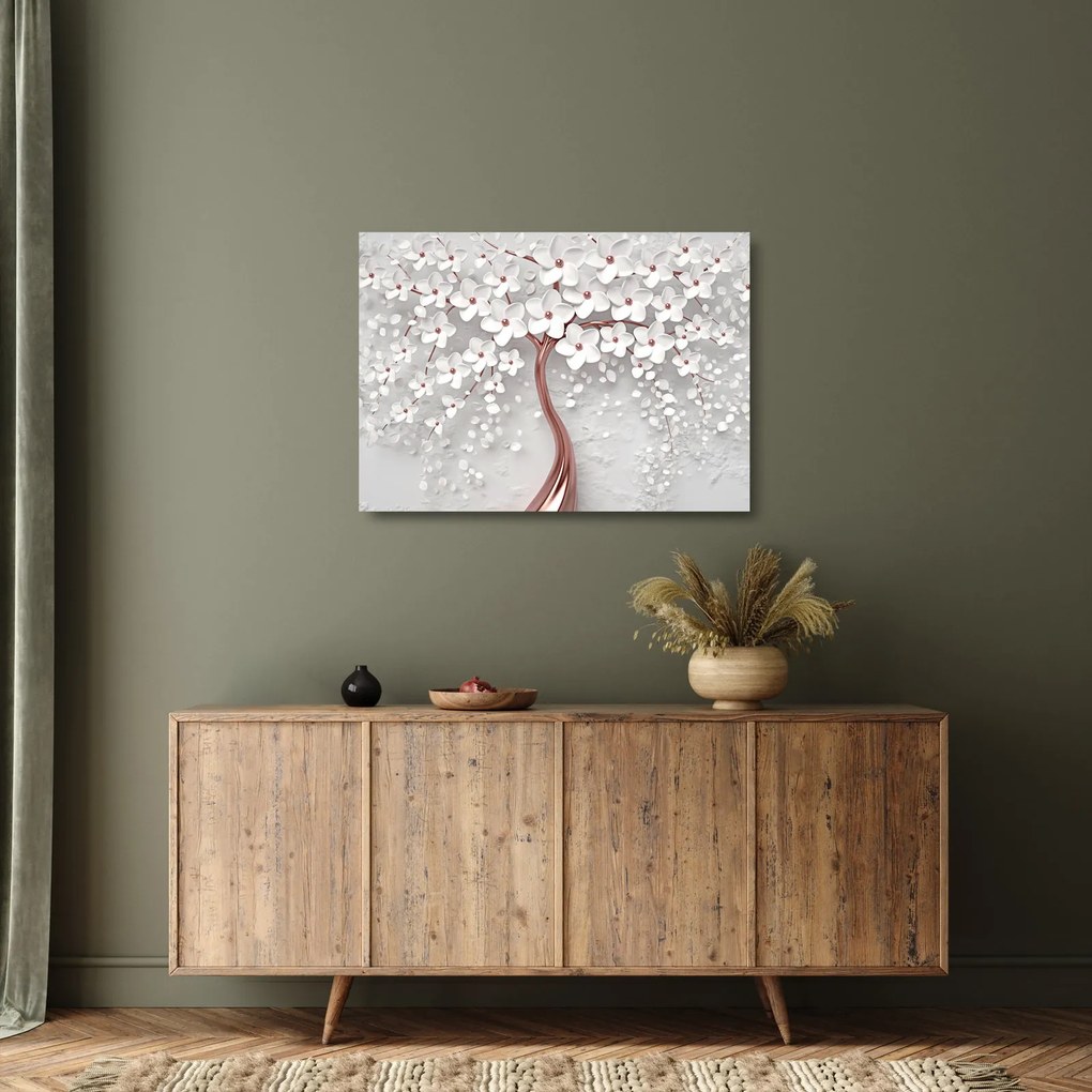 Kép - Egy fehér fa képe virágokkal, rózsaarany (üvegen) (70x50 cm)
