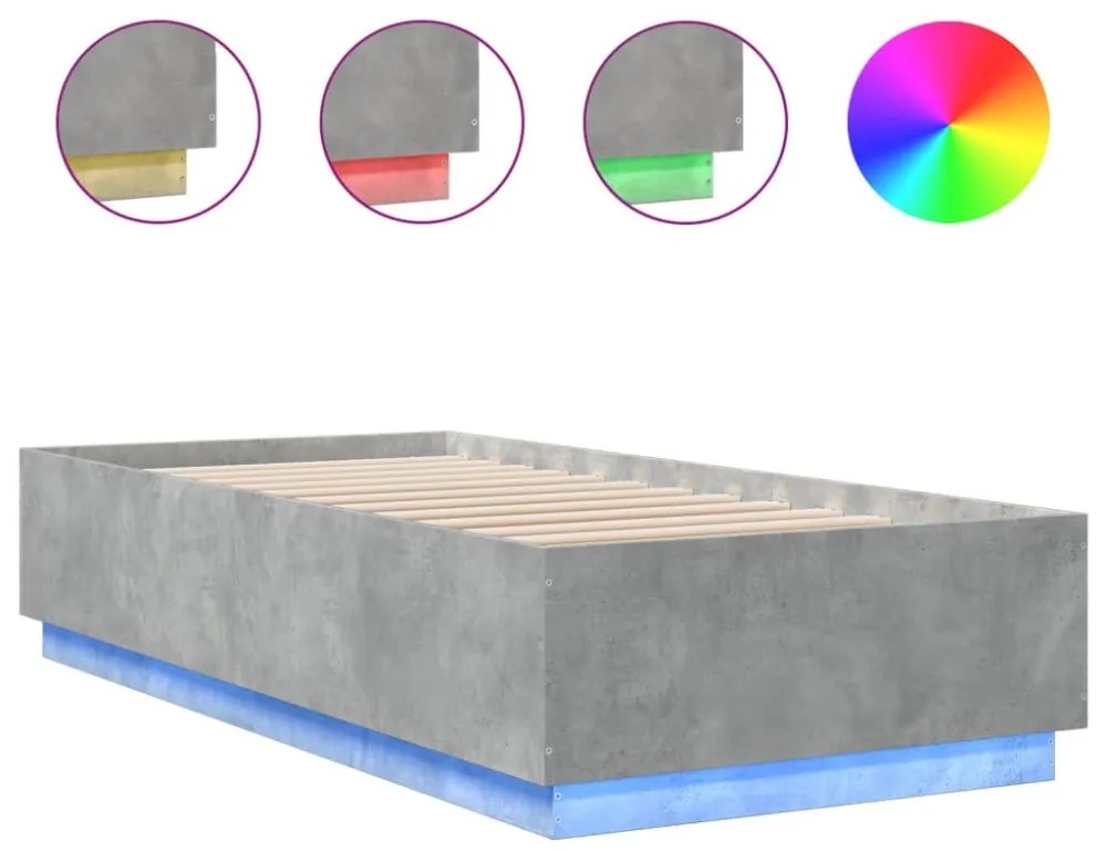 betonszürke szerelt fa ágykeret LED-del 100 x 200 cm