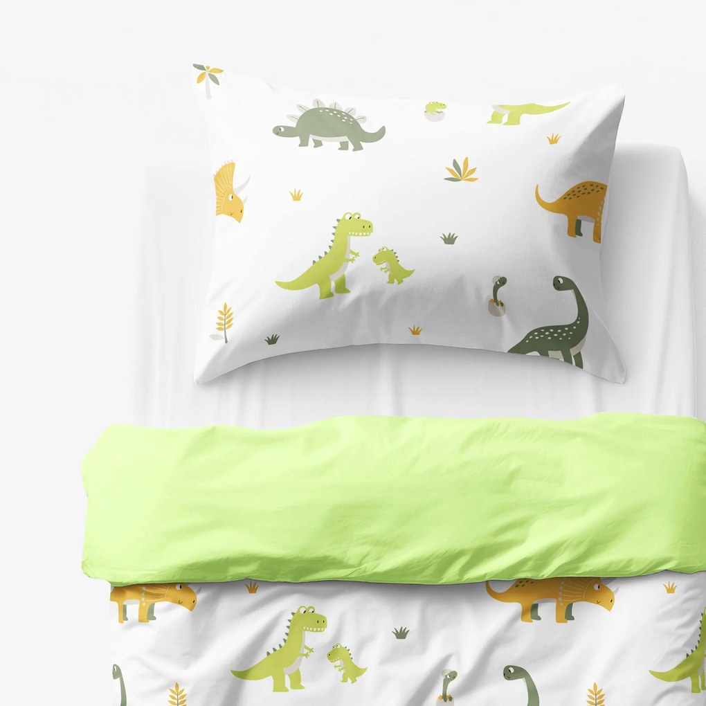 Goldea gyermek pamut ágyneműhuzat duo - dinoszauruszos kalandok, világoszöld hátoldal 150 x 200 és 50 x 60 cm