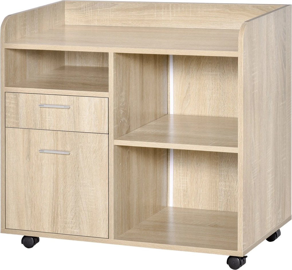 Vinsetto Multifunkciós Irodai Nyomtató Állvány 3 Fakkal és 2 Fiókkal, Állítható Polccal, Kerekekkel és 2 Fék/fúzió 80x40x72 cm Tölgy | Aosom