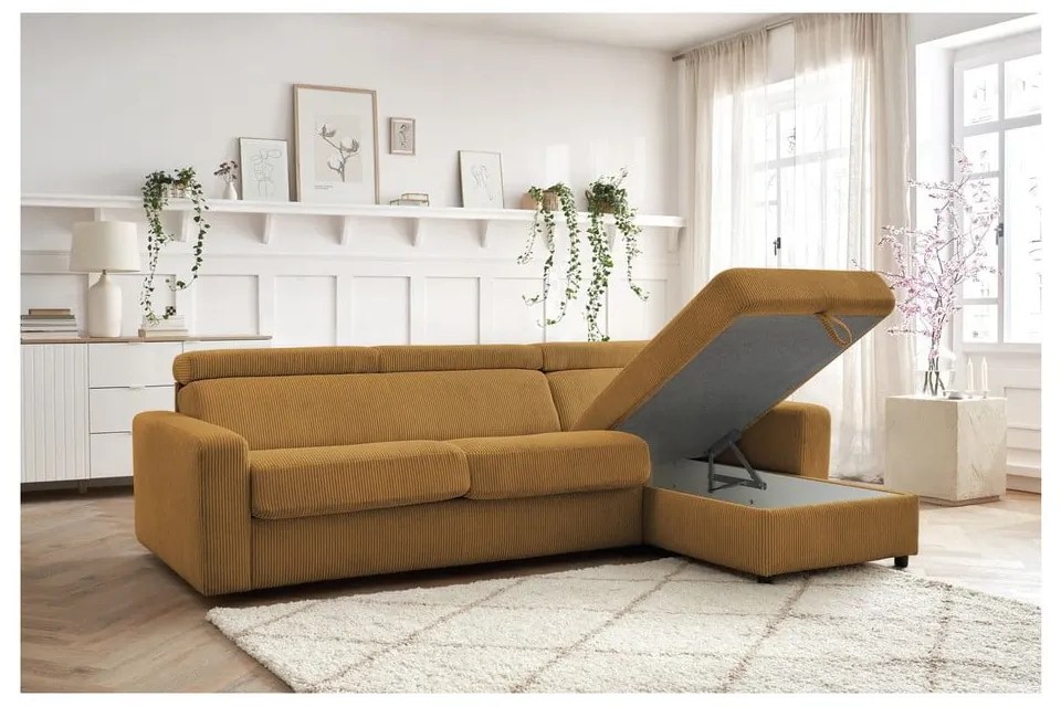 Mustársárga kordbársony kinyitható sarokkanapé (variálható) Monaco – Bobochic Paris