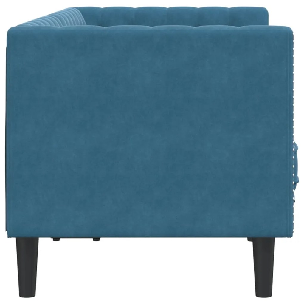 2 személyes kék bársony Chesterfield kanapé hengerpárnákkal