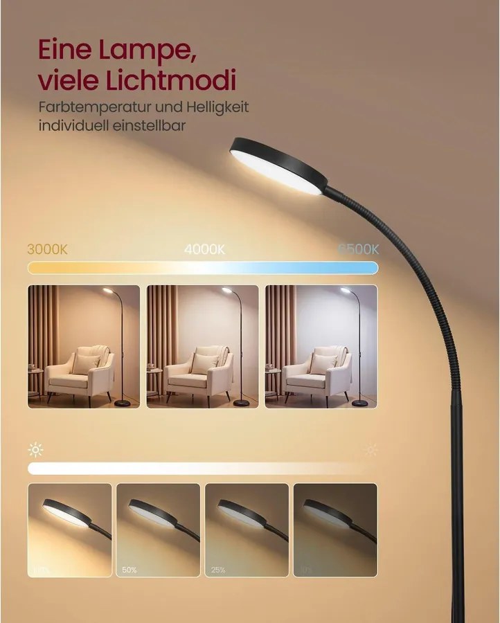 VASAGLE LED állólámpa 360°-ban hajlítható karral, 22 x 22 x 170 cm, matt fekete