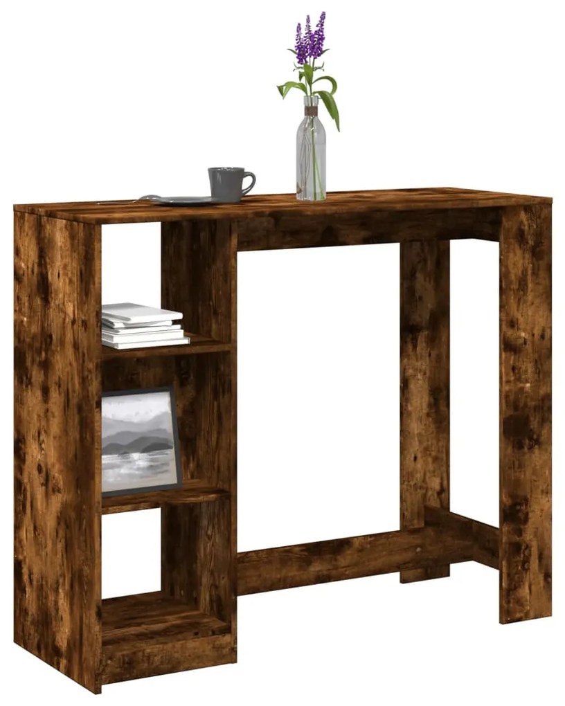 füstös tölgy színű szerelt fa bárasztal polccal 124x46x103,5 cm
