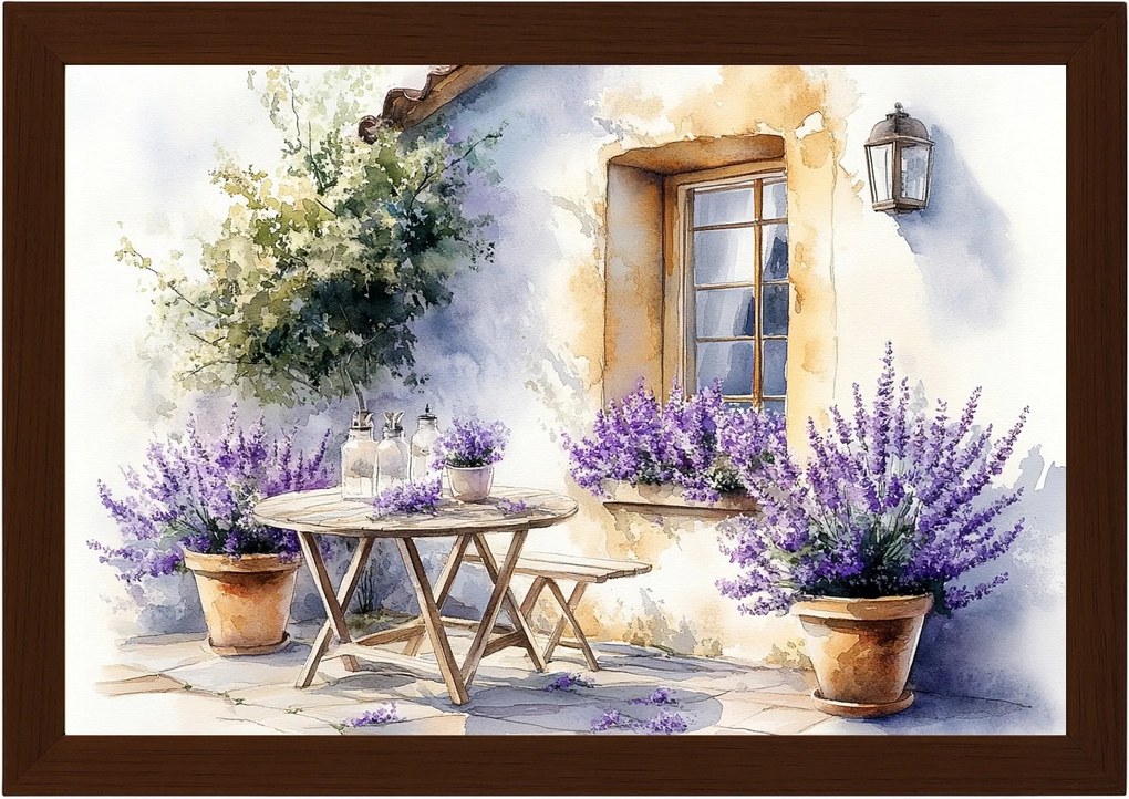 Poszter Keret Fa Tájkép Franciaország Provence Ház Virágok Levendula 60x40