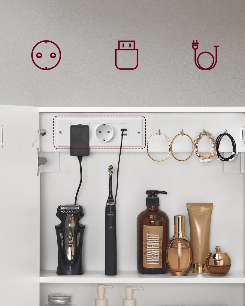 Fürdőszobai faliszekrény tükörrel és LED világítással, 16,5 x 80 x 60 cm, fehér