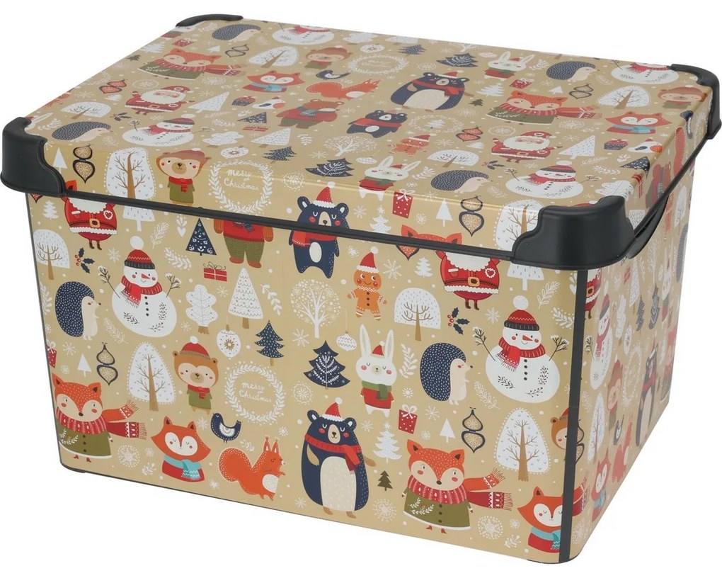 Téli motívum tárolódoboz fedéllel, 22 l, bézs, 40x23x30cm