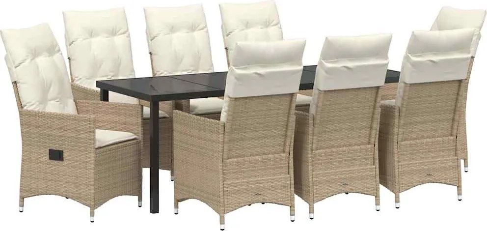 vidaXL Kert étkező szett párnával 9 pcs Bézs polirattan
