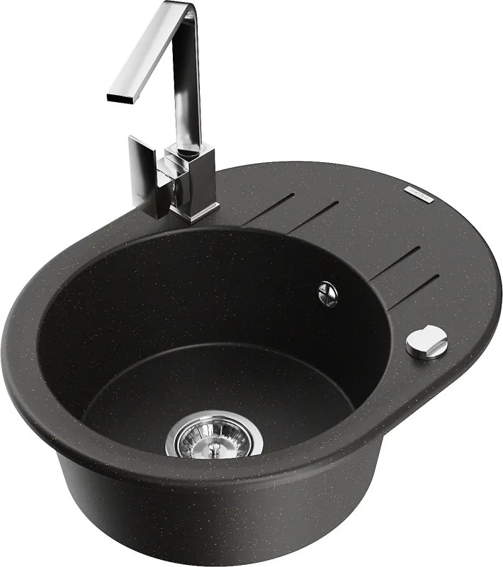 Mexen Kevin gránit mosogató 1-medencés csepegtetővel és Rita konyhai csapteleppel, fekete/arany metál - 6517-75-670300-00