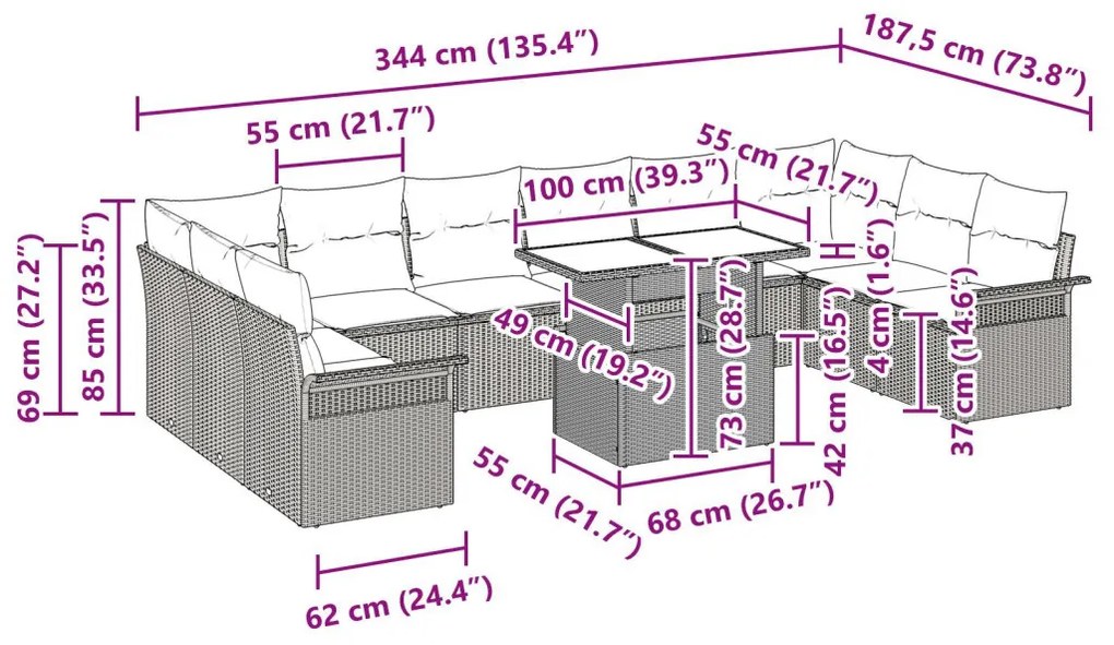 11 részes kerti kanapé szett párnákkal barna poli rattanból, 2-fős kerti kanapé tárolóval és párnákkal barna poli rattanból