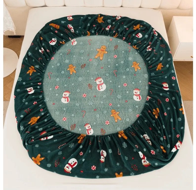 SNOWMAN AND GINGERBREAD 200x200 cm zöld mikroplüss lepedő