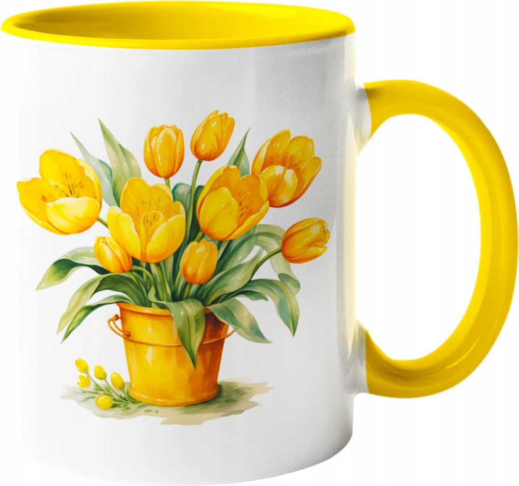 Bögre Csokor Sárga Tulipán Virágok Akvarell 330ml Csomagolás +név