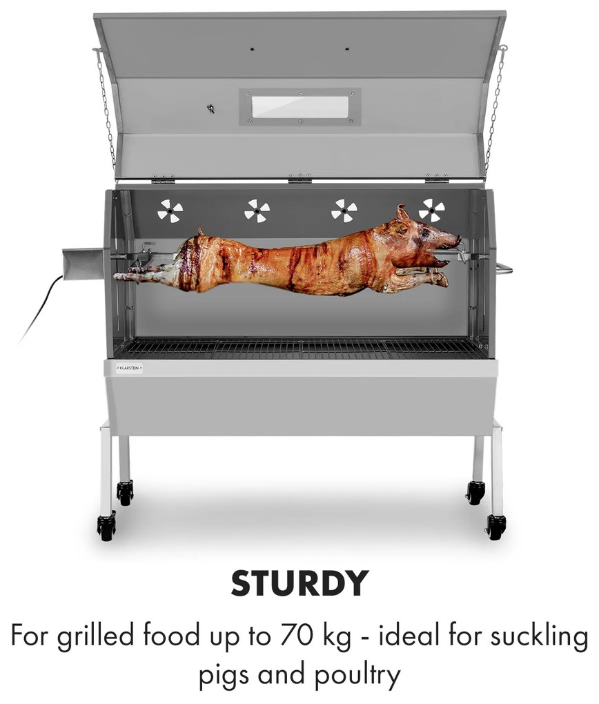 Sauenland Pro XL, malacsütő grill, forgó nyárs, 13 W, 4 kerék, rozsdamentes acél