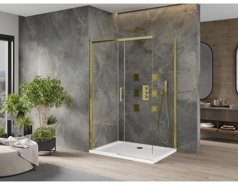 Mexen Omega eltolható zuhanykabin 120 x 80 cm, 8 mm-es üveg, arany profil-átlátszó üveg + vékony zuhanytálca 5 cm, 825-120-080-50-00-4010