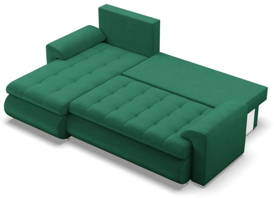 Tokio sarokkanapé, 2 ágyneműtartóval, bársony, baloldali, zöld