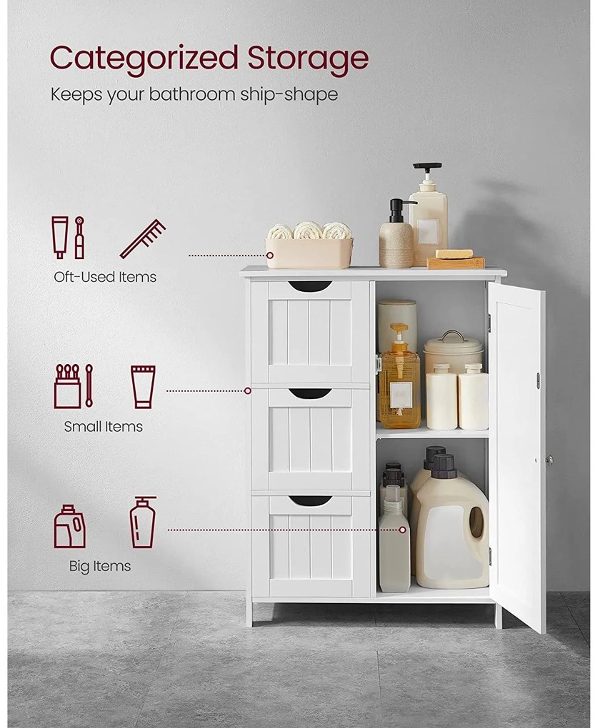 Szabadon álló ajtós, 3 fiókos szekrény, fehér 60x30x81cm