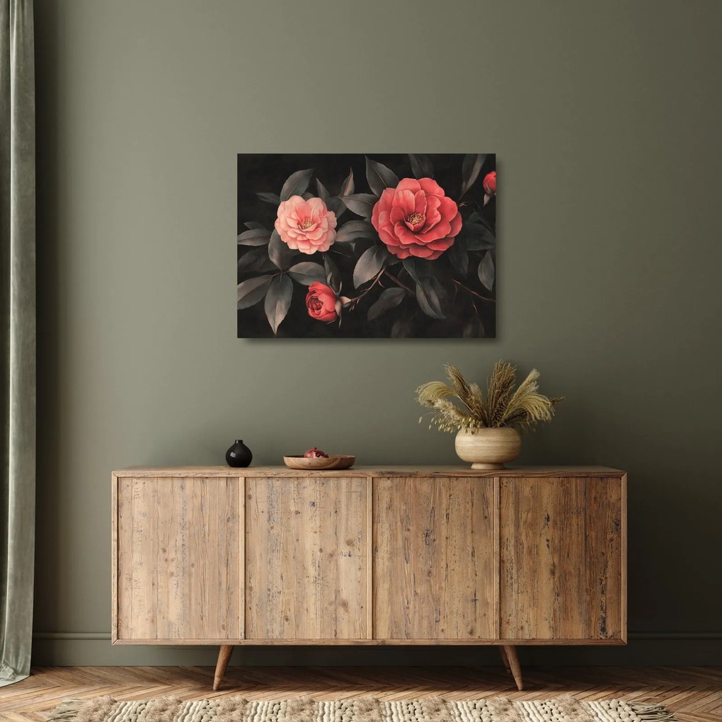 Üveg kép - Vörös virágok sötét háttér előtt (70x50 cm)