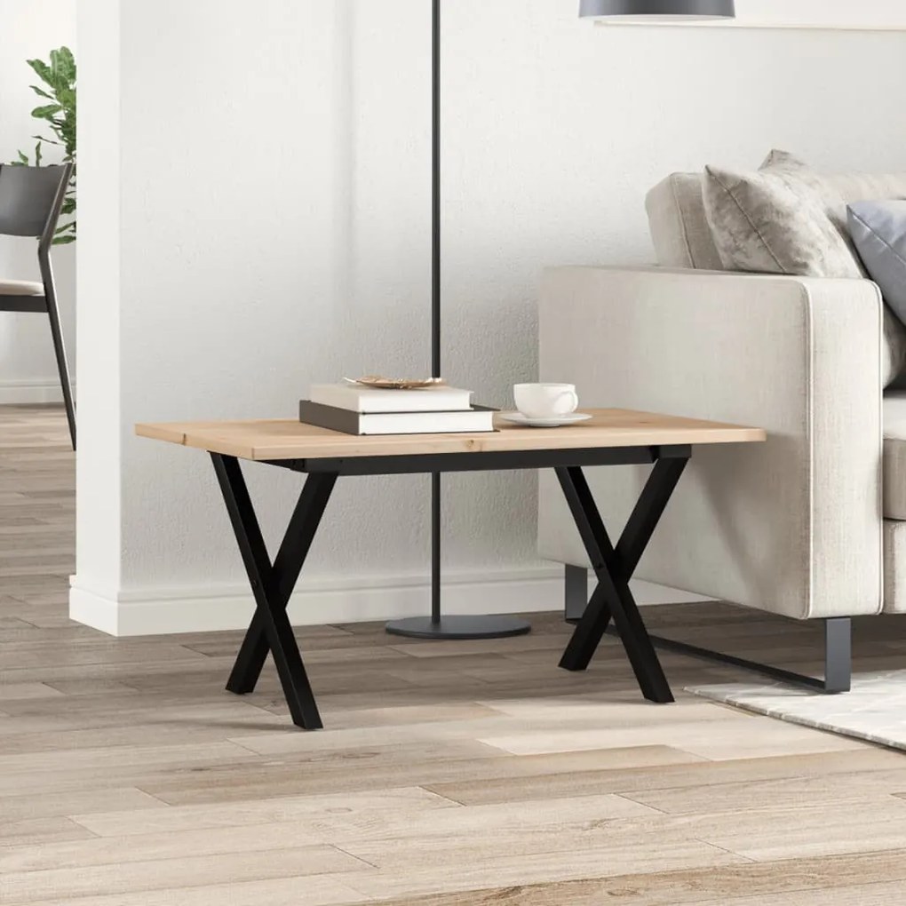 tömör fenyőfa és öntöttvas dohányzóasztal X-vázzal 80x50x40 cm