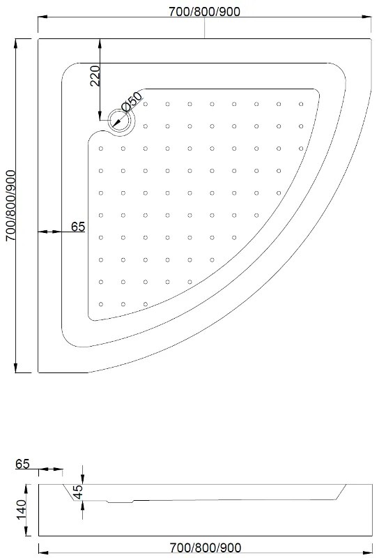 Mexen Rio, negyed kerek zuhanykabin tolóajtóval 80 x 80 cm, 5mm átlátszó üveg, fekete profil + fehér magas zuhanytálca Rio, 863-080-080-70-00-4710