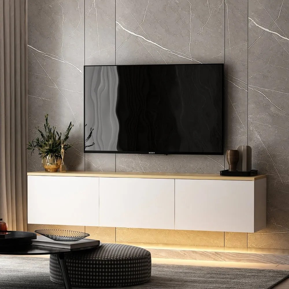 Fehér-natúr színű TV-állvány tölgyfa dekorral 160x35x32 cm Neon – Kalune Design