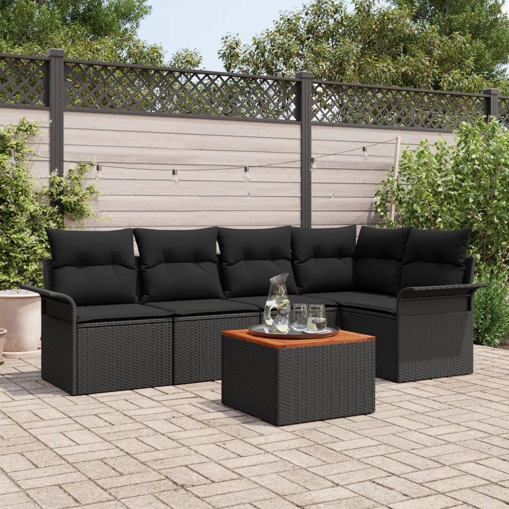 6 Darabos Kerti Sofa Szett Párnákkal Fekete Poli Rattan Akácia