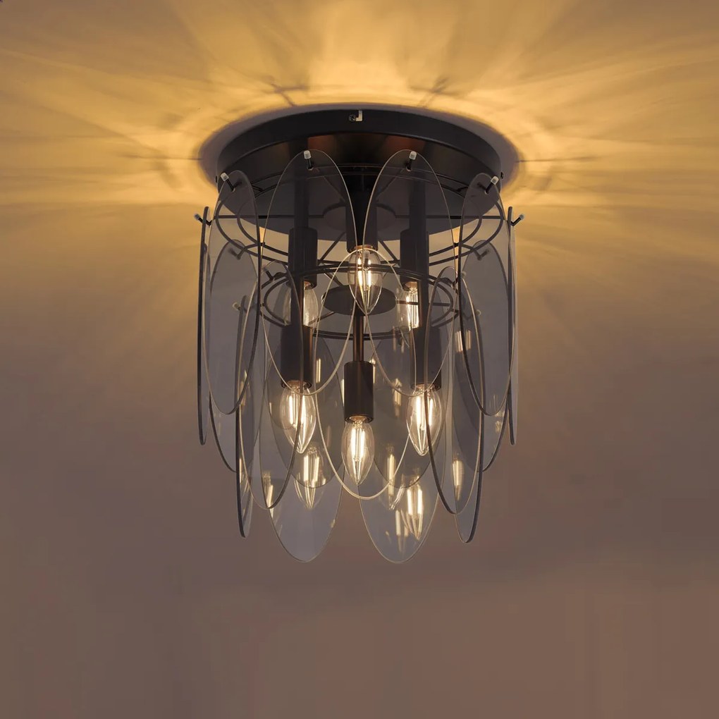 Art Deco mennyezeti lámpa fekete füstüveggel ovális 6-lámpás - Mochan