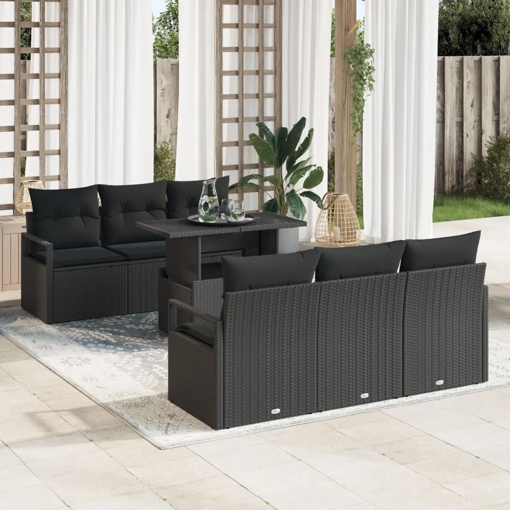 7 Darabos Kerti Kanapé Szett Párnákkal Fekete Polyrattan, 2 Fős Kerti Kanapé Tárolóval és Párnákkal Fekete Polyrattan