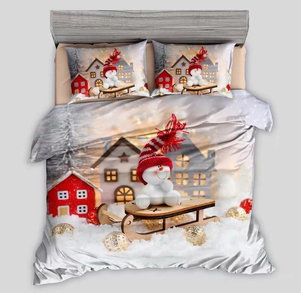 3D Pamut ágynemű SNOWMAN ON A SLEIGH szürke, 100% pamut Ágyneműhuzat mérete: 70 x 90 cm | 140 x 200 cm