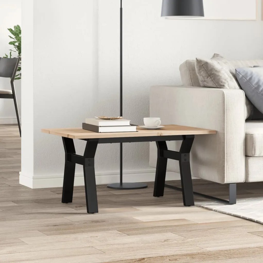 tömör fenyőfa és acél dohányzóasztal Y-vázzal 80x50x40 cm