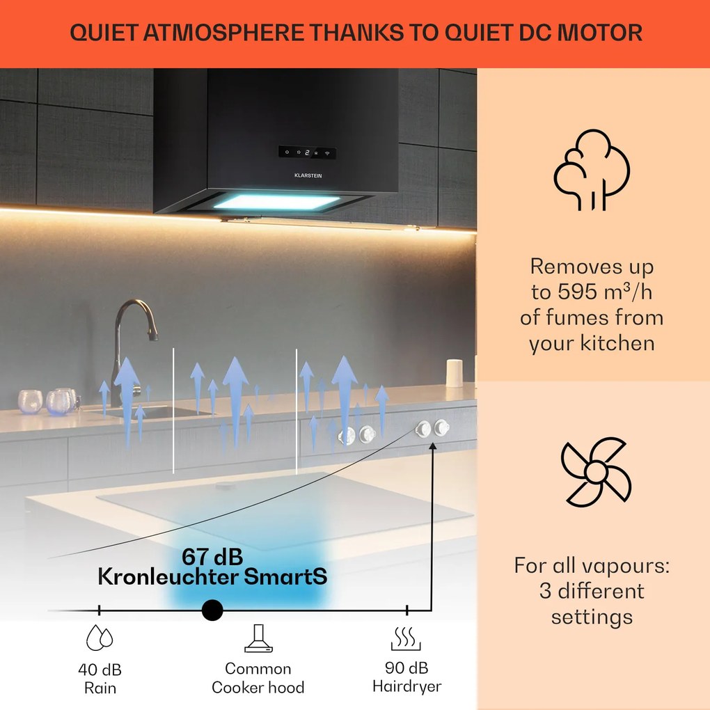 Klarstein Kornleuchter Smart, sziget páraelszívó, 595 m³/ó, vezérlés alkalmazáson keresztül, LED panel