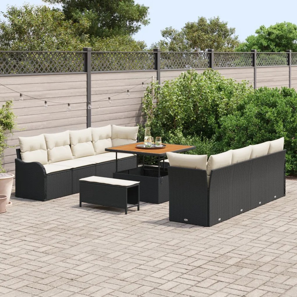11 darabos Kerti Sofa Szett Párnákkal Fekete Poli Rattan Akáccal, 2-Fős Kert Sofa Párnákkal Fekete Poli Rattan, 3 darabos Kerti Étkező Szett Párnákkal Fekete Poli Rattan Akáccal