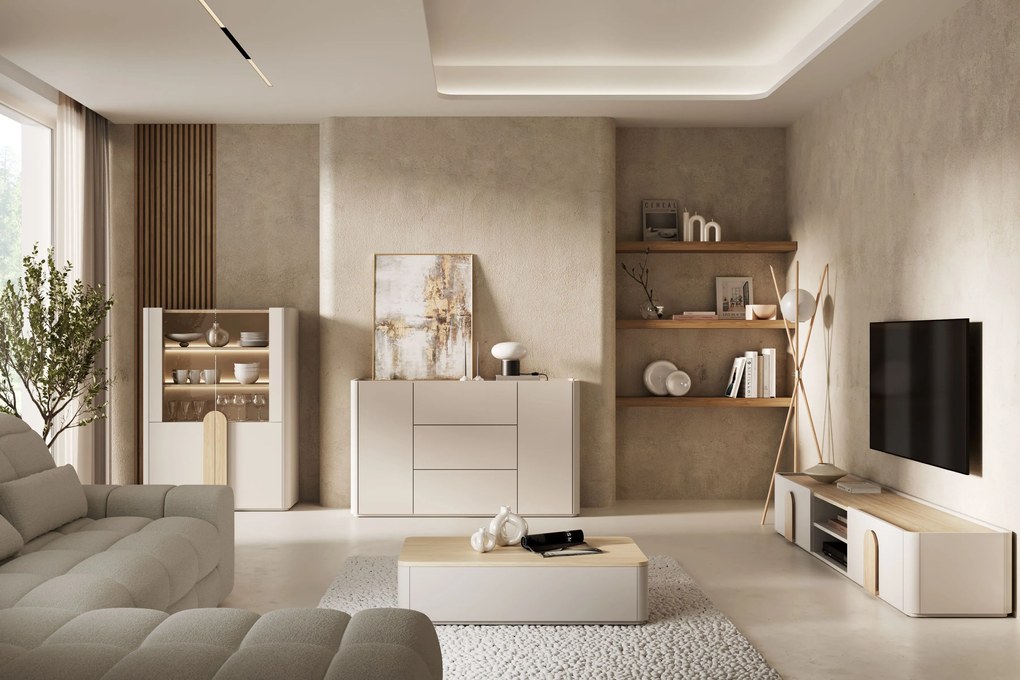 Amilio vitrin 100 cm - kasmír / olajozott tölgy / világos tölgy fogantyú