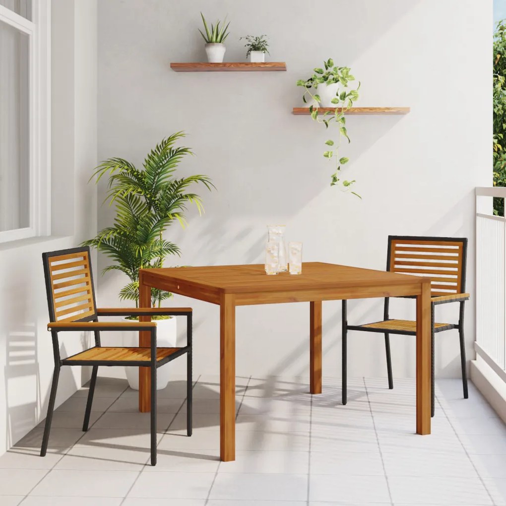 3 darabos Kerti Étkező Garnitúra Fekete Polyrattan Akác, Egymásra Rakható Kerti Székek Párnákkal 2 db Fekete Polyrattan