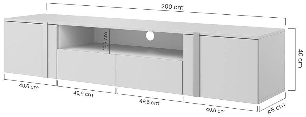 Verica 200 cm-es TV-szekrény, falra szerelhető, nyitott polccal - kasmír / fekete fogantyúk