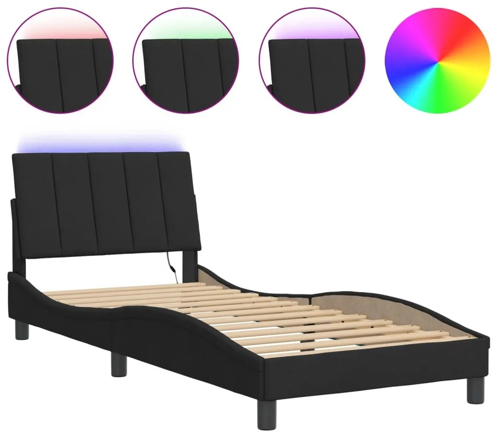 fekete bársony ágykeret LED-ekkel matrac nélkül Hanko 80 x 200 cm