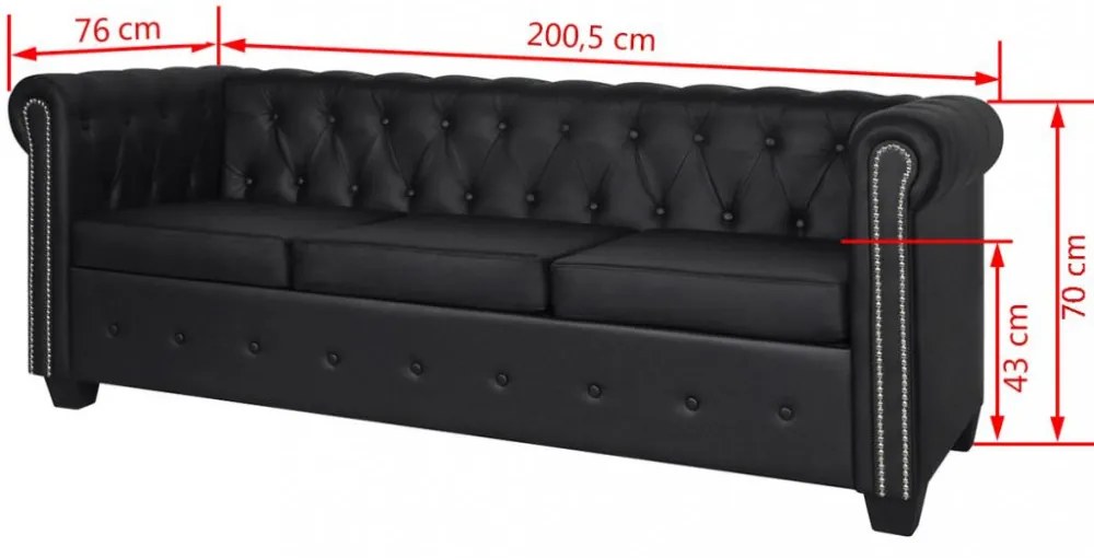 2 személyes és 3 személyes fekete műbőr Chesterfield kanapé