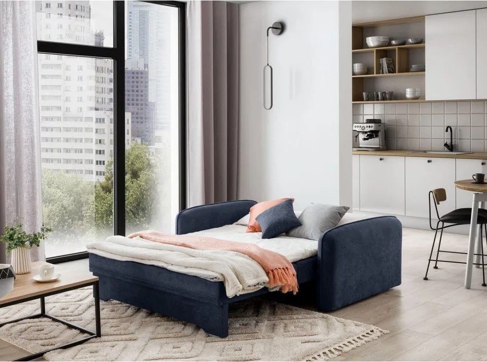 Sötétkék zsenília kinyitható-tárolóhelyes kanapé 155 cm Laine – ELTAP