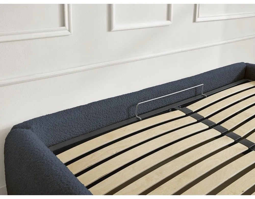 Sötétkék kárpitozott ágyneműtartós franciaágy ágyráccsal, ágytámla nélkül 180x200 cm Inera – Bobochic Paris