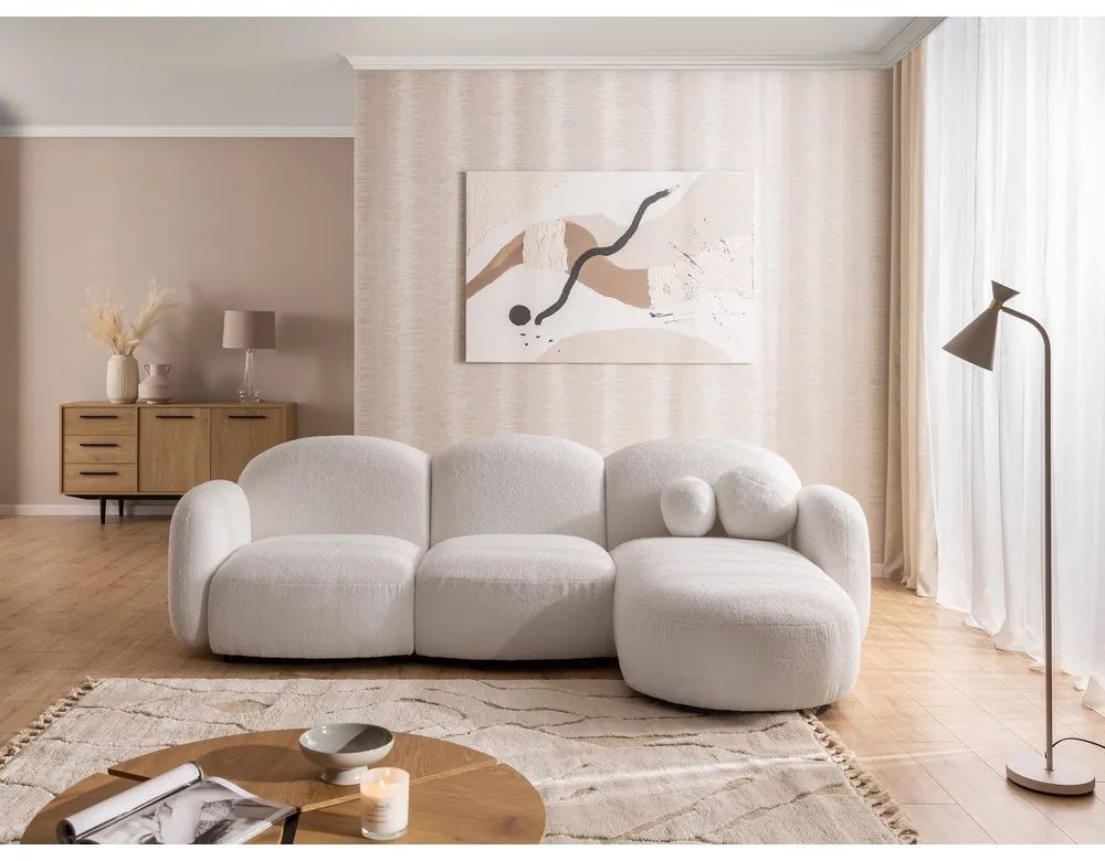 Krémszínű buklé sarokkanapé (jobb oldali-heverő résszel) Orbit – Ropez