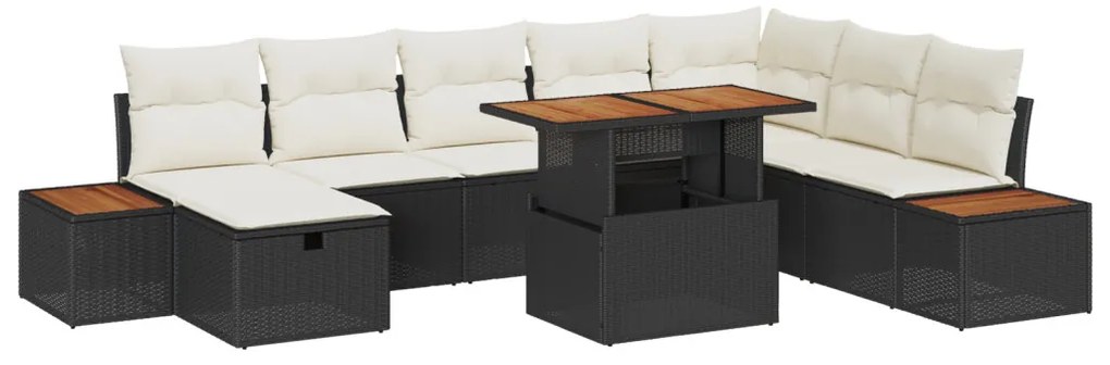 9 részes kerti kanapé szett párnákkal fekete poly rattan akáccal